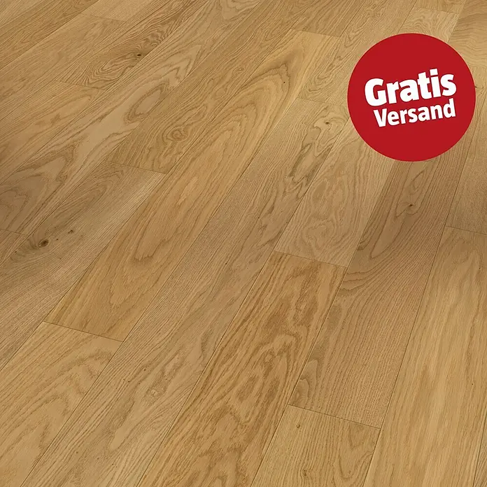 Parador Parkett Classic 3025 - Eiche Cortese natur, Mehrstab, 1.170 x 120 x 13 mm - Hellbrauner Holzboden mit sichtbarer Maserung, diagonal verlegt, mit rotem "Gratis Versand" Kreis-Overlay.