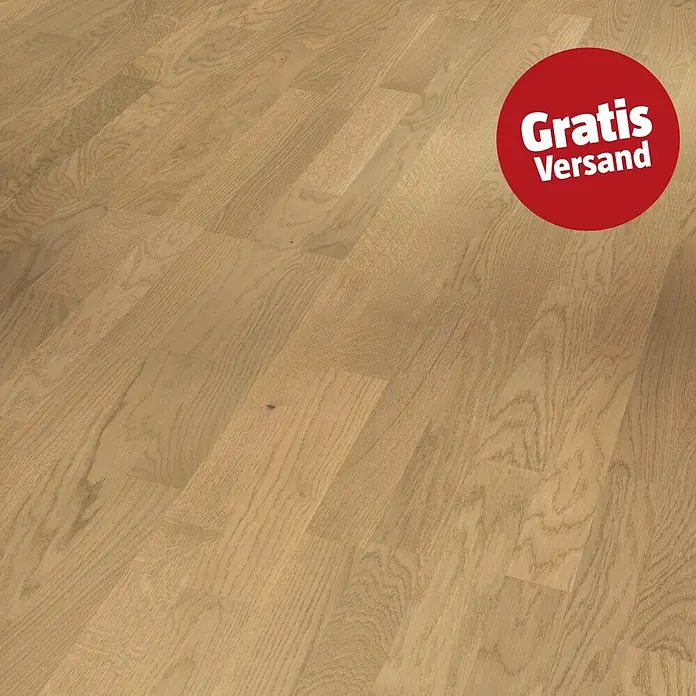 Parador Parkett Basic 11.5 - Eiche Malbec leicht geweißt weiß, Schiffsboden, 2.200 x 185 x 11,5 mm - Helle Holzfußbodendielen mit natürlicher Maserung und einem roten "Gratis Versand" Aufkleber.