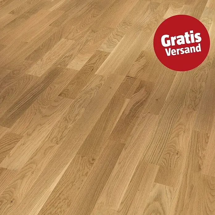 Parador Parkett Basic 11.5 - Rustikal Eiche, Schiffsboden, 2.200 x 185 x 11,5 mm - Helles Eichenparkett mit natürlicher Maserung, überlagert von einem roten "Gratis Versand" Sticker.