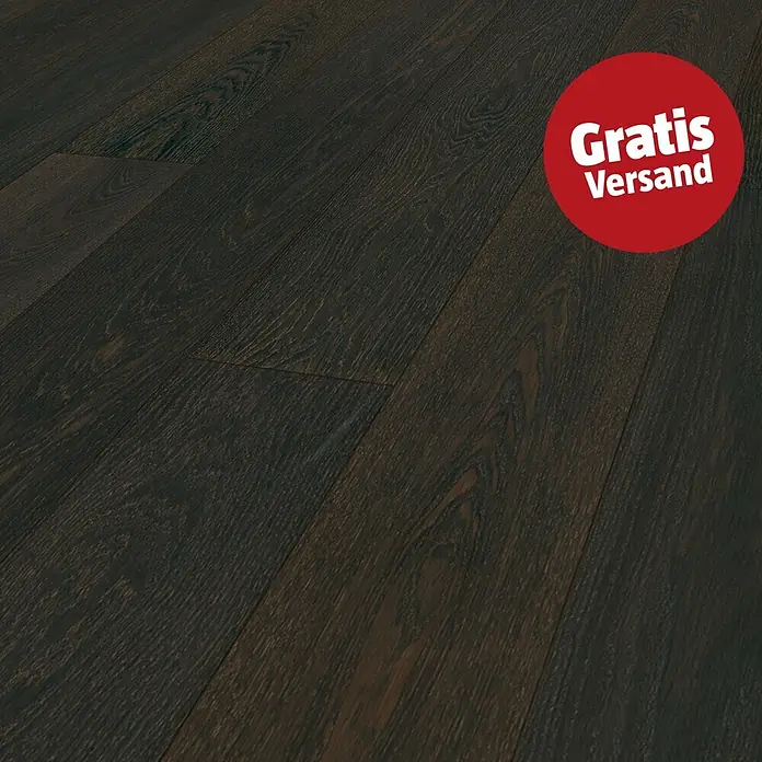 Parador Parkett Classic 3060 - Eiche Pinot schwarz, Landhausdiele, 2.200 x 185 x 13 mm - Dunkelbraune Holzfußboden-Dielen mit natürlicher Maserung. Roter Kreis mit 'Gratis Versand'.