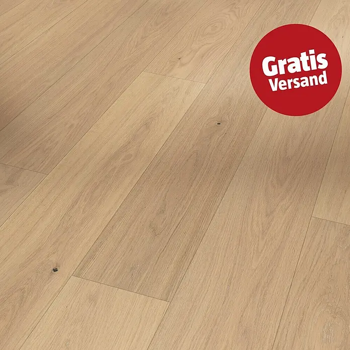 Parador Parkett Classic 3060 - Natur Eiche, Landhausdiele, 2.200 x 185 x 13 mm - Helle Holzfußbodendielen mit natürlicher Maserung und rotem 'Gratis Versand' Aufkleber.