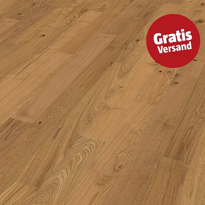 Living by Haro Parkett - Toscana Eiche, Landhausdiele, 1.000 x 120 x 11 mm - Hellbrauner Parkettboden aus Holz mit sichtbarer Maserung und Ästen, diagonal verlegt.