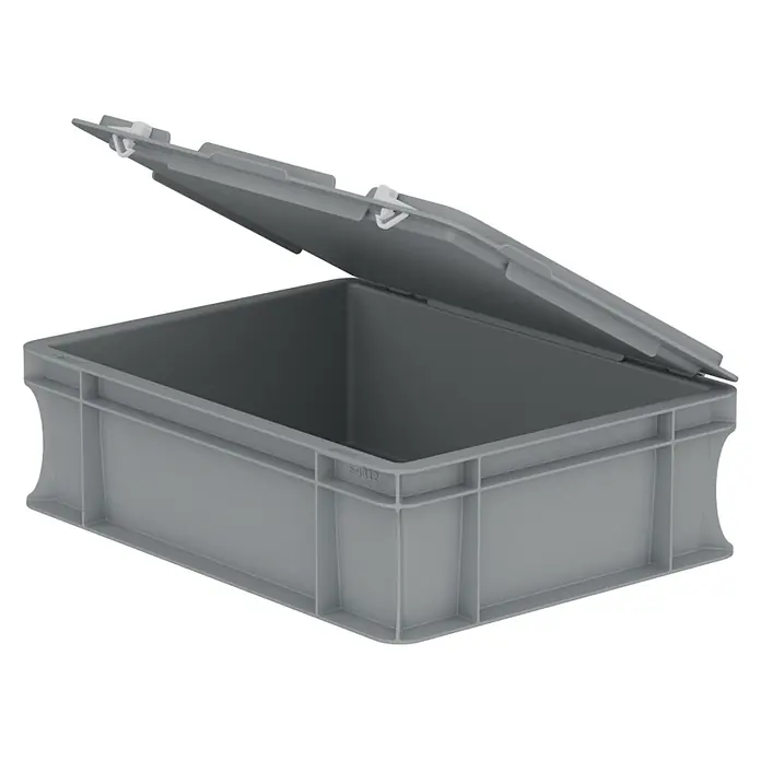 BAUHAUS Eurobox mit Deckel - L x B x H: 30 x 40 x 12 cm, Kunststoff, Grau - Graue Kunststoff-Vorratsbox mit geöffnetem Klappdeckel.