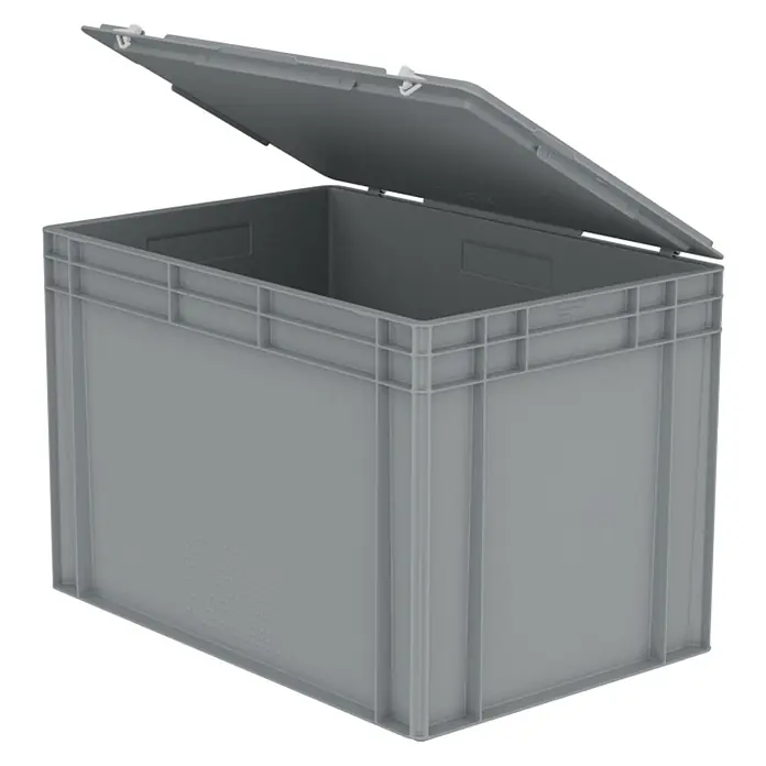 BAUHAUS Eurobox mit Deckel - L x B x H: 40 x 60 x 40 cm, Kunststoff, Grau - Graue Kunststoff-Stapelbox mit teilweise geöffnetem Deckel.