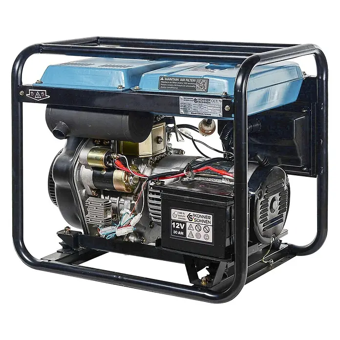Stürmer Maschinen Stromerzeuger KS 6100 HDE - Nennleistung: 5 kW, Tankvolumen: 11 l, Verbrauch: 2,1 l/h - Schwarz gerahmter, tragbarer Dieselgenerator mit blauem Motorgehäuse und schwarzer Batterie.