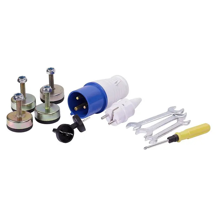 Stürmer Maschinen Stromerzeuger KS 6100 HDE - Nennleistung: 5 kW, Tankvolumen: 11 l, Verbrauch: 2,1 l/h - Sortiment an Hardware und Elektrowerkzeugen: Stellfüße, Industrie- und Standardstecker, Schraubenschlüssel und ein Schraubendreher.
