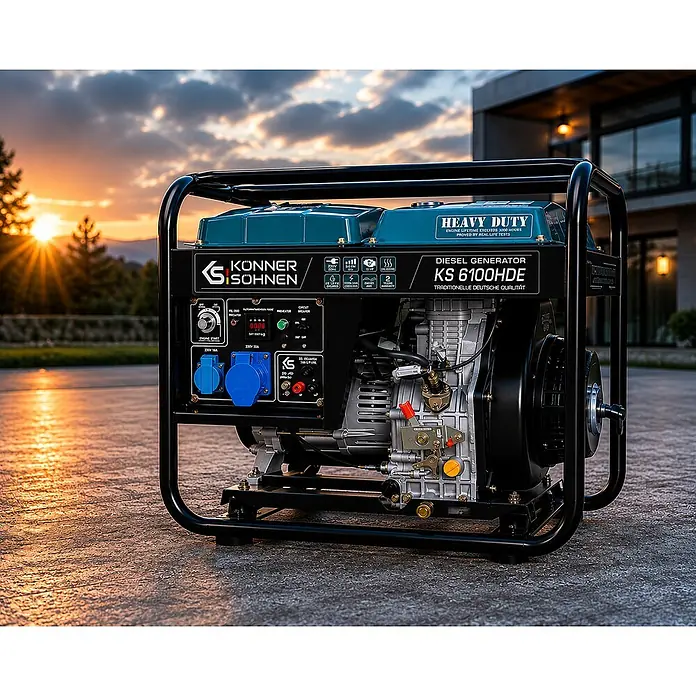 Stürmer Maschinen Stromerzeuger KS 6100 HDE - Nennleistung: 5 kW, Tankvolumen: 11 l, Verbrauch: 2,1 l/h - Schwarz umrahmter Dieselgenerator mit türkisfarbenem Oberteil, Bedienfeld und Steckdosen, im Freien bei Sonnenuntergang.