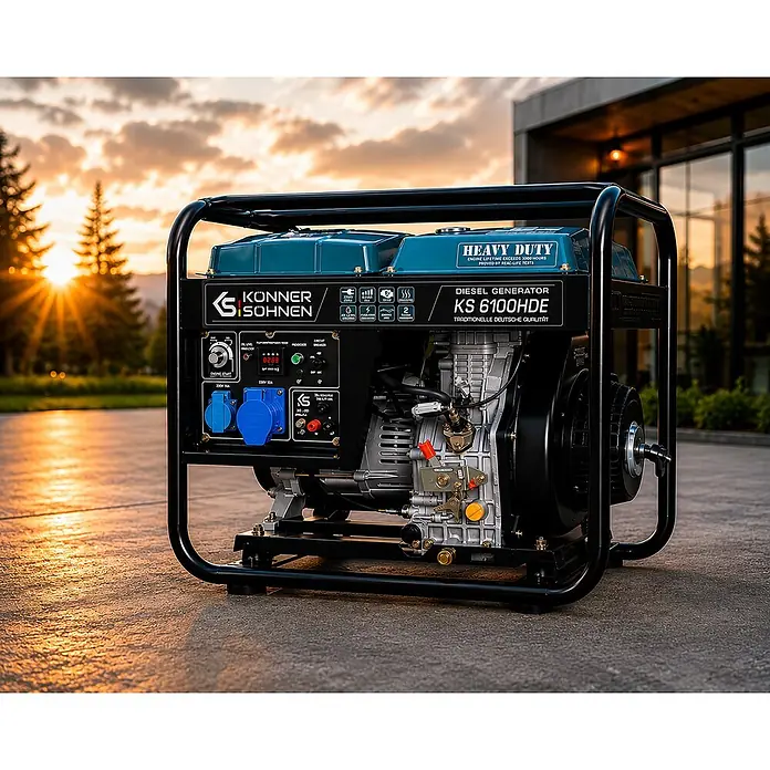 Stürmer Maschinen Stromerzeuger KS 6100 HDE - Nennleistung: 5 kW, Tankvolumen: 11 l, Verbrauch: 2,1 l/h - Schwerlast-Dieselgenerator mit schwarzem Rahmen und blauem Kraftstofftank.