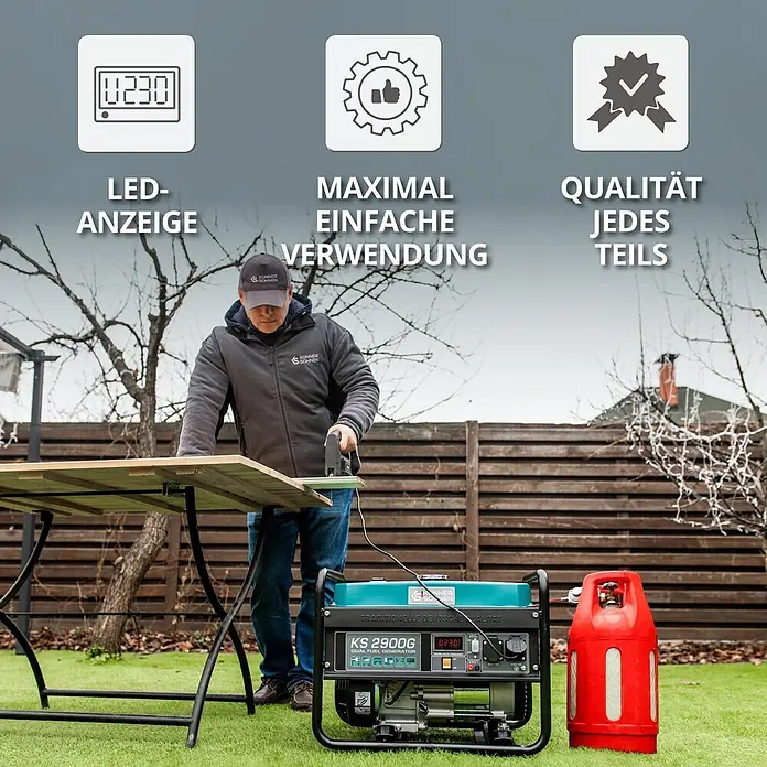 Stürmer Maschinen Stromerzeuger KS 2900G 2,5 kW Benzin/Gas - Nennleistung: 2,5 kW, Tankvolumen: 15 l, Verbrauch: 2,4 l/h - Türkiser und schwarzer Dual-Fuel-Generator (KS 2900G) versorgt eine Säge für Holzarbeiten im Freien, daneben eine rote Gasflasche.