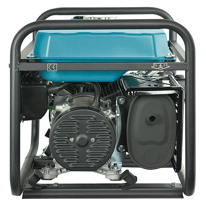 Stürmer Maschinen Stromerzeuger KS 2900G 2,5 kW Benzin/Gas - Nennleistung: 2,5 kW, Tankvolumen: 15 l, Verbrauch: 2,4 l/h - Ein teal-farbener und schwarzer tragbarer Generator mit robustem Metallrahmen, Motor, Tank und Schalldämpfer.