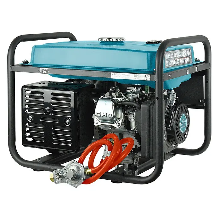 Stürmer Maschinen Stromerzeuger KS 2900G 2,5 kW Benzin/Gas - Nennleistung: 2,5 kW, Tankvolumen: 15 l, Verbrauch: 2,4 l/h - Tragbarer Dual-Fuel-Generator mit cyanfarbenem Tank, schwarzem Rahmen und orangefarbenem Gasschlauch mit Regler.