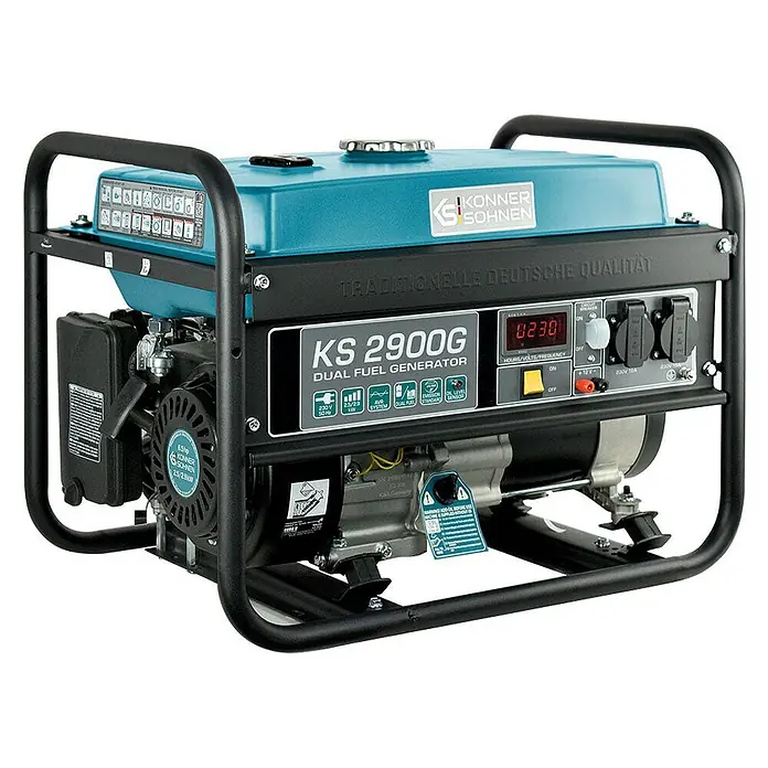 Stürmer Maschinen Stromerzeuger KS 2900G 2,5 kW Benzin/Gas - Nennleistung: 2,5 kW, Tankvolumen: 15 l, Verbrauch: 2,4 l/h - Konner Sohnen KS 2900G Dual-Fuel-Generator mit türkisfarbenem Tank und schwarzem Rahmen, Bedienfeld mit Digitalanzeige und Steckdosen.