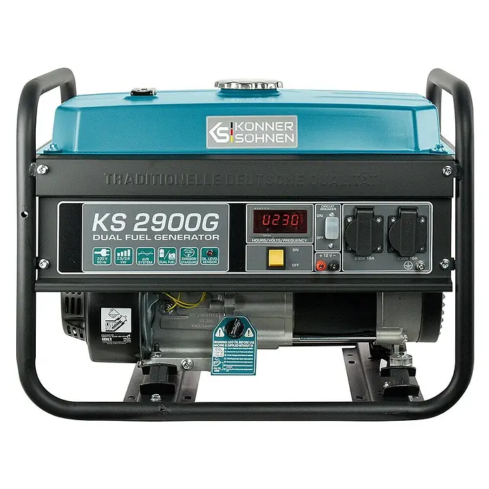 Stürmer Maschinen Stromerzeuger KS 2900G 2,5 kW Benzin/Gas - Nennleistung: 2,5 kW, Tankvolumen: 15 l, Verbrauch: 2,4 l/h - Könner & Söhnen KS 2900G Dual-Fuel-Generator mit türkisfarbenem Tank und Bedienfeld.