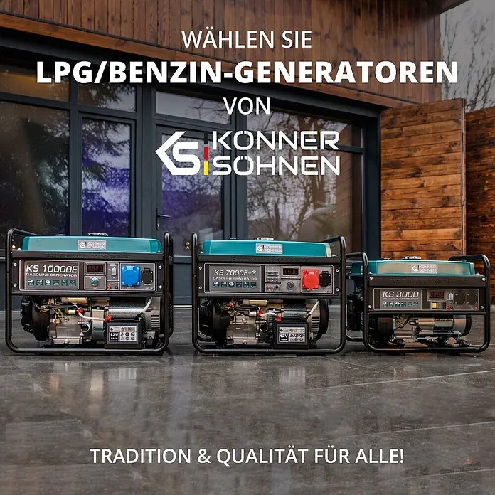 Stürmer Maschinen Stromerzeuger KS 2900G 2,5 kW Benzin/Gas - Nennleistung: 2,5 kW, Tankvolumen: 15 l, Verbrauch: 2,4 l/h - Drei teal-schwarze Könner & Söhnen LPG/Benzin-Generatoren unterschiedlicher Größe auf Betonboden.