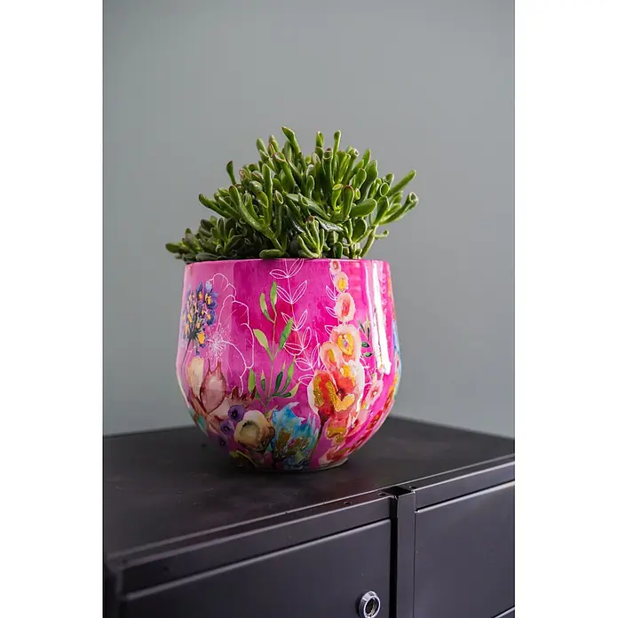 Ter Steege Übertopf rund Fiesta Fuchsie - Ø x H: 24 x 21 cm, Metall, Rosa/Pink - Lebendiger pinkfarbener Pflanztopf mit bunten Blumendesigns, der eine grüne Sukkulente auf dunkler Oberfläche enthält.