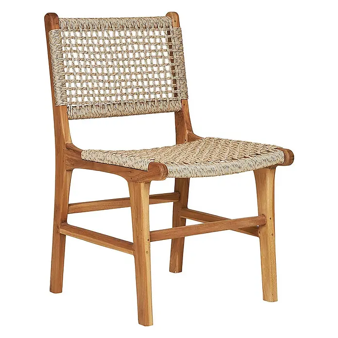 Ebuy24 Gartenstuhl Derby 2er-Set - 2 Stk., Massiv Teakholz, PE Rattan, Natur, B x T x H: 50 x 54 x 85 cm - Holzstuhl mit natürlichem Geflechtsitz und Rückenlehne.