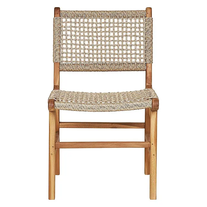 Ebuy24 Gartenstuhl Derby 2er-Set - 2 Stk., Massiv Teakholz, PE Rattan, Natur, B x T x H: 50 x 54 x 85 cm - Holzstuhl mit hellem Holzrahmen und geflochtener Sitzfläche und Rückenlehne aus Naturfasern.