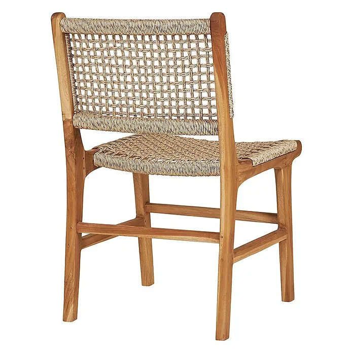 Ebuy24 Gartenstuhl Derby 2er-Set - 2 Stk., Massiv Teakholz, PE Rattan, Natur, B x T x H: 50 x 54 x 85 cm - Stuhl aus hellem Holz mit geflochtener Naturfasersitzfläche und Rückenlehne.