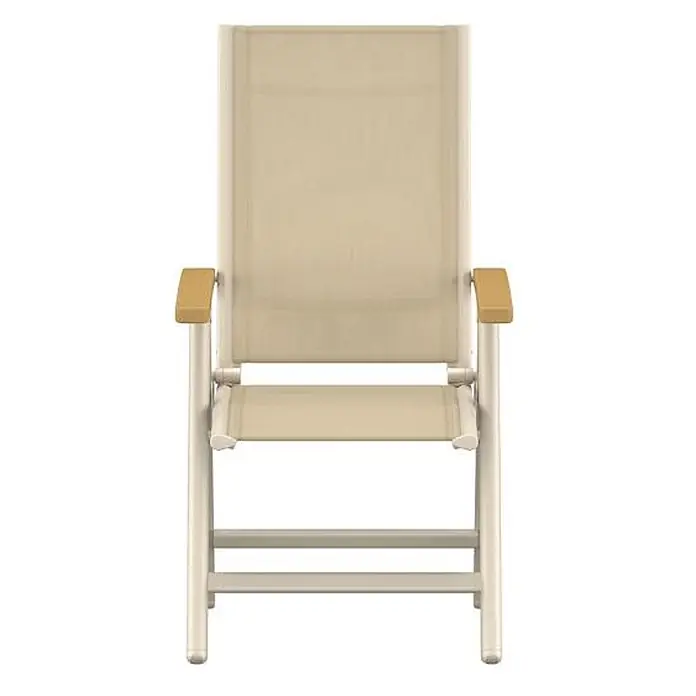 Ebuy24 Gartenstuhl Panama 2er-Set - 2 Stk., Aluminium, Beige, B x T x H: 60 x 75 x 110 cm - Beiger Klappstuhl mit Netzgewebe-Sitz und -Rückenlehne, passendem Metallgestell und hellen Holzarmlehnen.