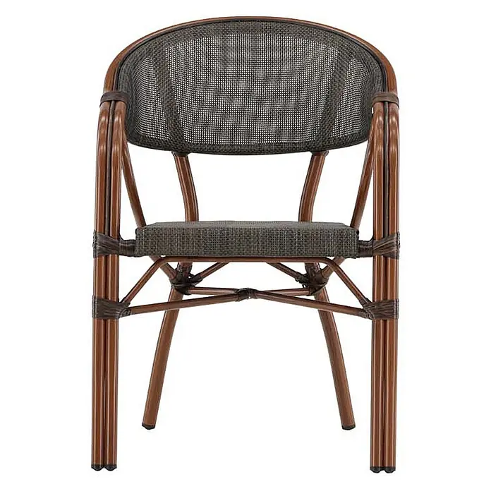 Ebuy24 Gartensessel Vila 2er-Set - 2 Stk., Aluminum, Schwarz, B x T x H: 60 x 83 x 83 cm - Brauner Rattanstuhl im Bistro-Stil mit dunkler Netzrückenlehne und gepolsterter Sitzfläche.