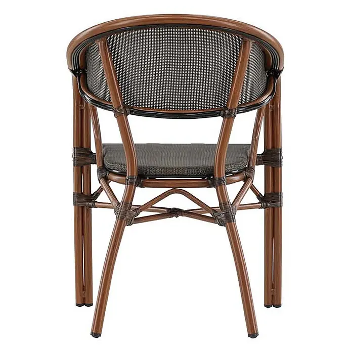 Ebuy24 Gartensessel Vila 2er-Set - 2 Stk., Aluminum, Schwarz, B x T x H: 60 x 83 x 83 cm - Brauner Rattan-Bistro-Stuhl mit schwarzer Netzlehne und dunkelgrauem Sitzkissen, von hinten gesehen.