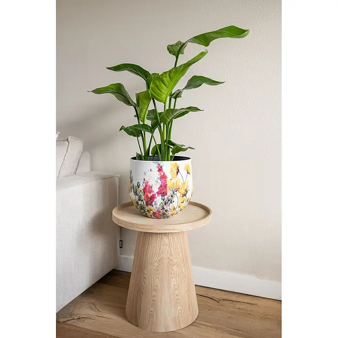 Ter Steege Übertopf rund Floral White - Ø x H: 25 x 25 cm, Metall, Cremeweiß - Grüne Zimmerpflanze in weißem Topf mit bunten Blumenmustern auf hellbraunem Beistelltisch neben einem Sofa.