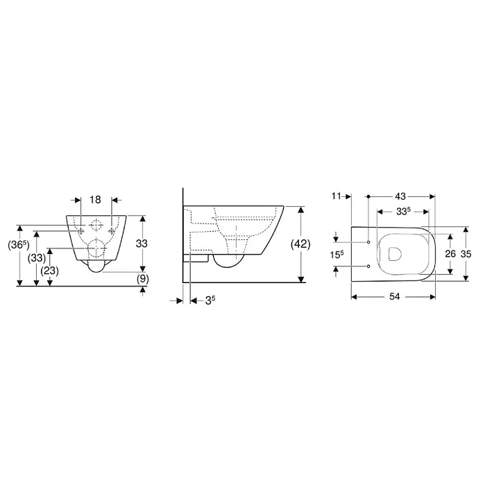 Geberit Smyle Square Wand-WC-Set - Spülrandlos, Ohne Spezialglasur, Spülform: Tief, WC Abgang: Waagerecht, Weiß - Technische Zeichnung mit Maßen für ein Wand-WC.