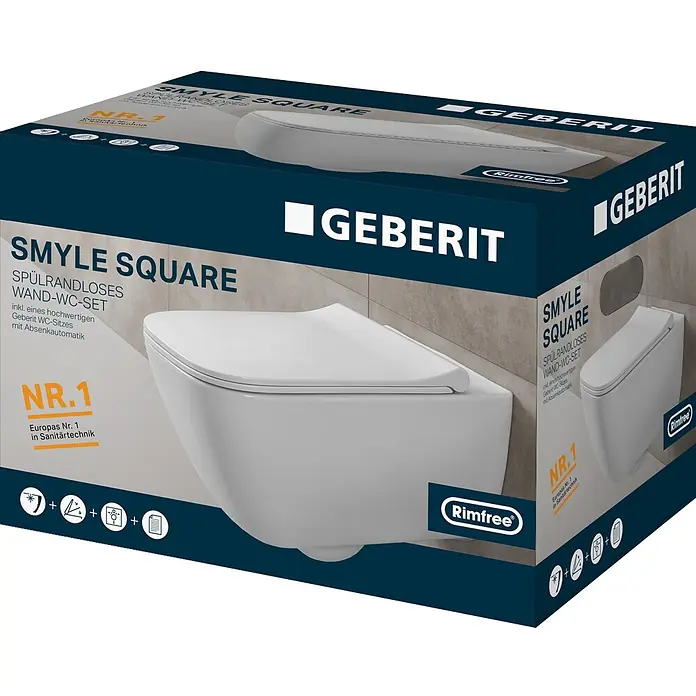 Geberit Smyle Square Wand-WC-Set - Spülrandlos, Ohne Spezialglasur, Spülform: Tief, WC Abgang: Waagerecht, Weiß - Weißes wandhängendes WC-Set mit Absenkautomatik, in dunkelblauer Geberit Smyle Square Verpackung, bewirbt spülrandlose Funktion.