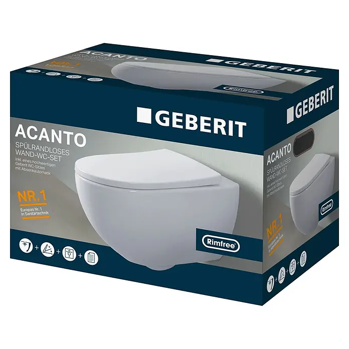 Geberit Acanto Wand-WC-Set - Spülrandlos, Ohne Spezialglasur, Spülform: Tief, WC Abgang: Waagerecht, Weiß - Geberit Acanto spülrandloses Wand-WC-Set mit Absenkautomatik, in dunkler blau-grauer Produktverpackung.