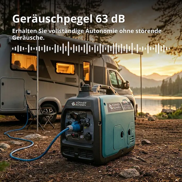 Stürmer Maschinen Stromerzeuger KS 3100iG S 2,8 kW Benzin/Gas - Nennleistung: 2,8 kW, Tankvolumen: 4 l, Verbrauch: 2,7 l/h - Ein teal-schwarzer Könner & Söhnen Inverter-Generator versorgt ein Wohnmobil am See, betont seinen leisen Betrieb.