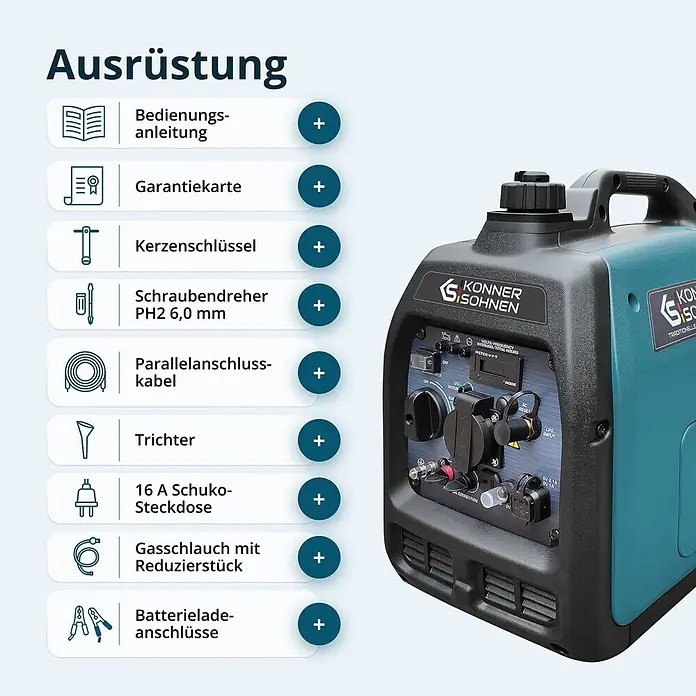 Stürmer Maschinen Stromerzeuger KS 3100iG S 2,8 kW Benzin/Gas - Nennleistung: 2,8 kW, Tankvolumen: 4 l, Verbrauch: 2,7 l/h - Türkis-schwarzer tragbarer Generator mit Bedienfeld, daneben eine Liste des Zubehörs, inkl. Anleitung, Werkzeugen und Kabeln.