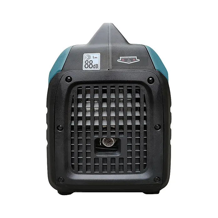 Stürmer Maschinen Stromerzeuger KS 3100iG S 2,8 kW Benzin/Gas - Nennleistung: 2,8 kW, Tankvolumen: 4 l, Verbrauch: 2,7 l/h - Rückseite eines schwarzen und türkisen tragbaren Generators mit Lüftungsgittern und Warnhinweisen für Geräuschpegel und heiße Oberfläche.