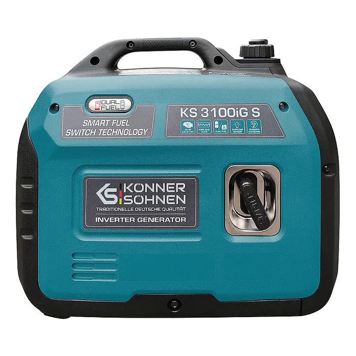 Stürmer Maschinen Stromerzeuger KS 3100iG S 2,8 kW Benzin/Gas - Nennleistung: 2,8 kW, Tankvolumen: 4 l, Verbrauch: 2,7 l/h - Türkis-schwarzer Könner & Söhnen KS 3100iG S Dual-Fuel Inverter-Generator mit Tragegriff und Seitenstarter.