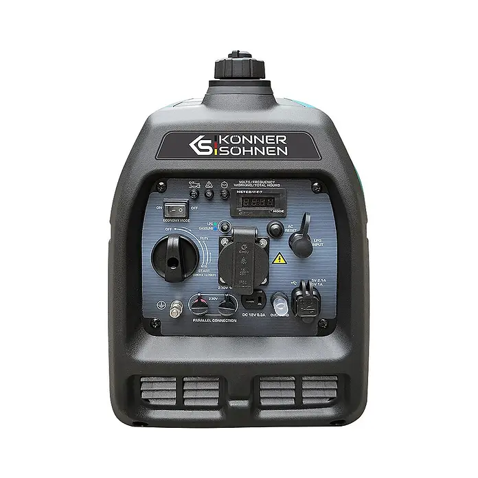 Stürmer Maschinen Stromerzeuger KS 3100iG S 2,8 kW Benzin/Gas - Nennleistung: 2,8 kW, Tankvolumen: 4 l, Verbrauch: 2,7 l/h - Ein dunkelgrauer und blauer tragbarer Inverter-Stromerzeuger mit Bedienfeld, digitaler Anzeige, verschiedenen Steckdosen und Schaltern.