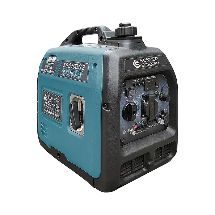 Stürmer Maschinen Stromerzeuger KS 3100iG S 2,8 kW Benzin/Gas - Nennleistung: 2,8 kW, Tankvolumen: 4 l, Verbrauch: 2,7 l/h - Türkisfarbener und schwarzer tragbarer Inverter-Generator mit Bedienfeld, Steckdosen, Display und Griff. Marke: Konner & Sohnen, Modell: KS 3100IG S.