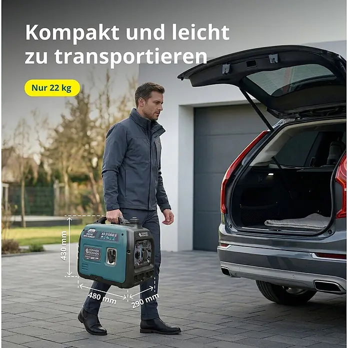Stürmer Maschinen Stromerzeuger KS 3100iG S 2,8 kW Benzin/Gas - Nennleistung: 2,8 kW, Tankvolumen: 4 l, Verbrauch: 2,7 l/h - Mann trägt einen kompakten, grünlich-blauen und schwarzen Stromerzeuger (KS 3100iG S) mit 22 kg zum offenen Kofferraum, Betonung der Portabilität.