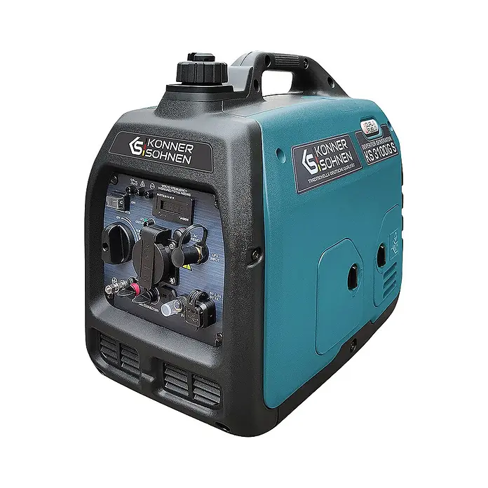 Stürmer Maschinen Stromerzeuger KS 3100iG S 2,8 kW Benzin/Gas - Nennleistung: 2,8 kW, Tankvolumen: 4 l, Verbrauch: 2,7 l/h - Könner & Söhnen KS 3100IGS Inverter-Generator, schwarz und türkis, mit Bedienfeld und Tragegriff.