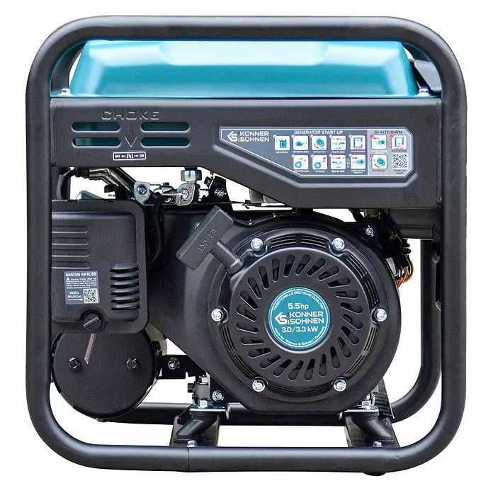 Stürmer Maschinen Stromerzeuger KS 3300i 3 kW Benzin - Nennleistung: 3 kW, Tankvolumen: 7 l, Verbrauch: 2,9 l/h - Schwarzer und türkiser tragbarer Generator mit Handstarter und robustem Rahmen. Choke, Luftfilter und Motordetails sichtbar.