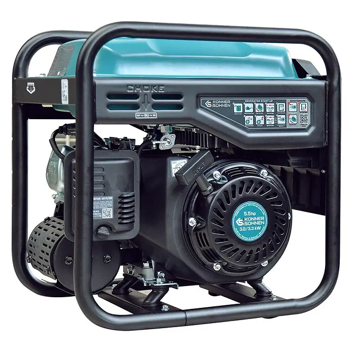 Stürmer Maschinen Stromerzeuger KS 3300i 3 kW Benzin - Nennleistung: 3 kW, Tankvolumen: 7 l, Verbrauch: 2,9 l/h - Schwarz-türkiser Stromerzeuger mit 5,5 PS Motor und 3,0/3,3 kW Leistung.