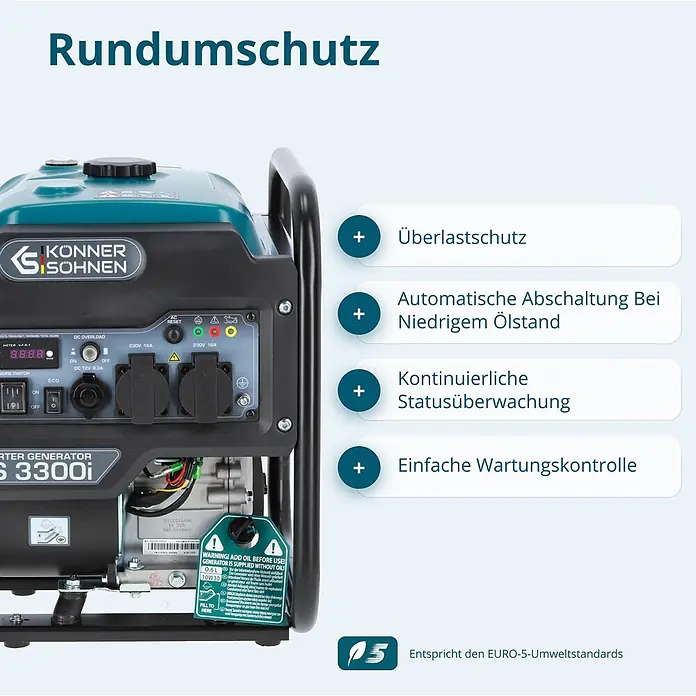 Stürmer Maschinen Stromerzeuger KS 3300i 3 kW Benzin - Nennleistung: 3 kW, Tankvolumen: 7 l, Verbrauch: 2,9 l/h - Könner & Söhnen KS 3300i Inverter-Generator (türkis/schwarz) mit Bedienfeld, Display, Steckdosen und Ölwarnetikett.