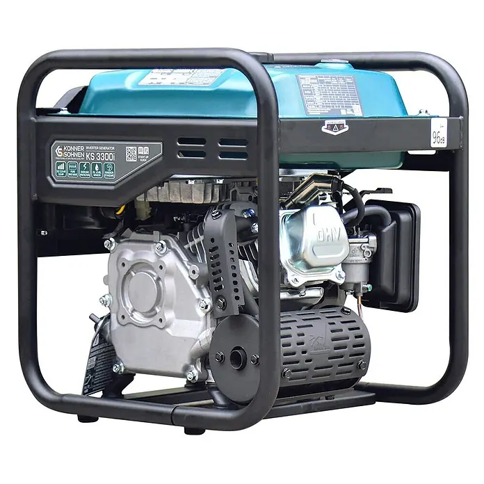 Stürmer Maschinen Stromerzeuger KS 3300i 3 kW Benzin - Nennleistung: 3 kW, Tankvolumen: 7 l, Verbrauch: 2,9 l/h - Tragbarer Inverter-Generator mit blaugrünem Tank, silbernem Motor und schwarzem Schutzrahmen.
