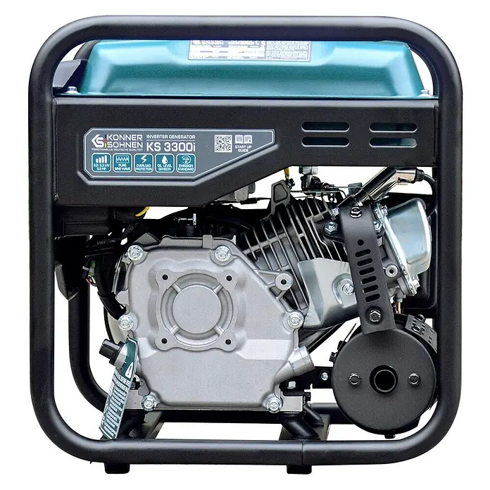 Stürmer Maschinen Stromerzeuger KS 3300i 3 kW Benzin - Nennleistung: 3 kW, Tankvolumen: 7 l, Verbrauch: 2,9 l/h - Konner & Sohnen KS 3300i Inverter-Generator mit schwarzem Rahmen, türkisfarbenem Tank und silbernen Motorteilen.