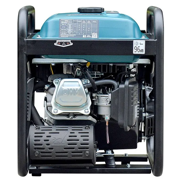 Stürmer Maschinen Stromerzeuger KS 3300i 3 kW Benzin - Nennleistung: 3 kW, Tankvolumen: 7 l, Verbrauch: 2,9 l/h - Tragbarer Stromgenerator mit blaugrünem Kraftstofftank, schwarzem Rahmen und sichtbaren Motorkomponenten.