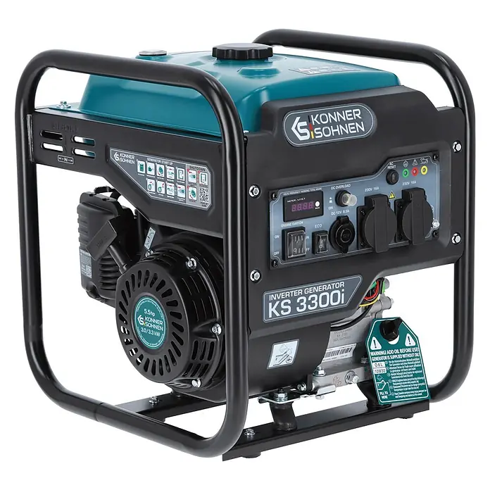 Stürmer Maschinen Stromerzeuger KS 3300i 3 kW Benzin - Nennleistung: 3 kW, Tankvolumen: 7 l, Verbrauch: 2,9 l/h - Ein teal-schwarzer Konner & Sohnen KS 3300i Inverter-Generator mit robustem schwarzem Metallrahmen, Bedienfeld und Steckdosen.