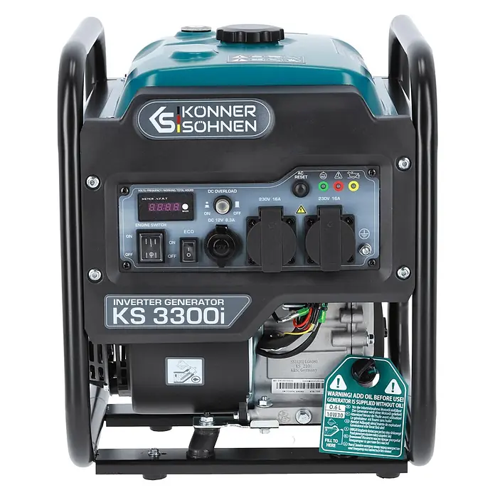Stürmer Maschinen Stromerzeuger KS 3300i 3 kW Benzin - Nennleistung: 3 kW, Tankvolumen: 7 l, Verbrauch: 2,9 l/h - Teal-grüner und schwarzer Könner & Söhnen KS 3300i Inverter-Generator mit Bedienfeld und mehreren Steckdosen.