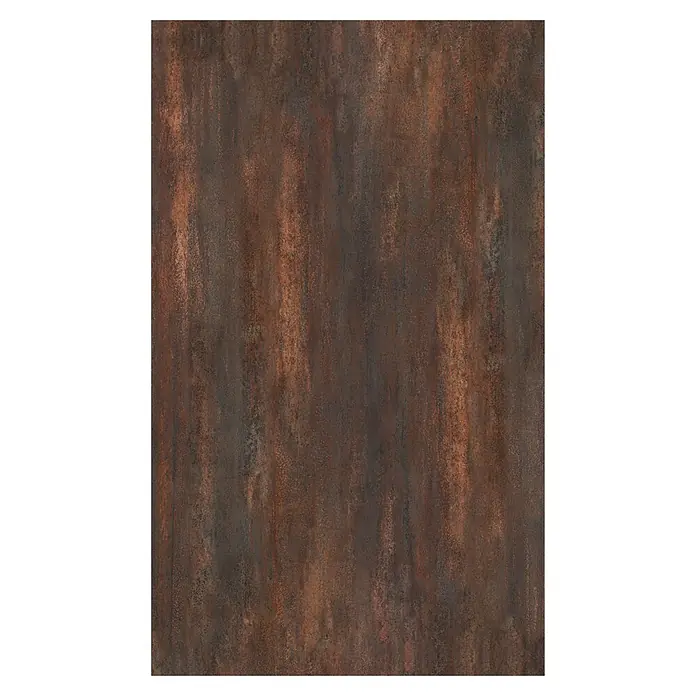 SanDesign Alu-Verbundplatte - 150 x 250 cm, Rost - Verwitterte, dunkelrotbraune Rostmetalloberfläche mit sichtbaren vertikalen Streifen.