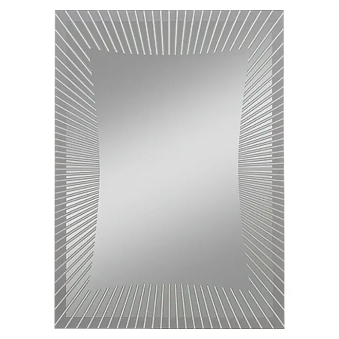 Kristall-Form Siebdruckspiegel Input - 50 x 70 cm, Silber/Anthrazit - Bild eines rechteckigen Spiegels mit einem modernen, strahlenförmigen Design am Rand, das Eleganz und Stil in jeden Raum bringt.