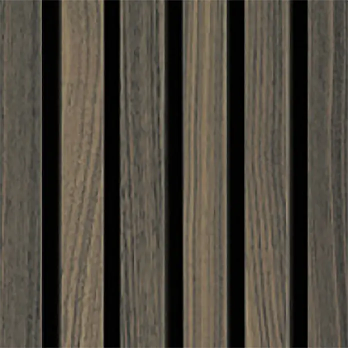 SanDesign Alu-Verbundplatte - 150 x 250 cm, Scandi Dark - Vertikale Holzlamellen mit natürlicher Maserung und dunklen Zwischenräumen.