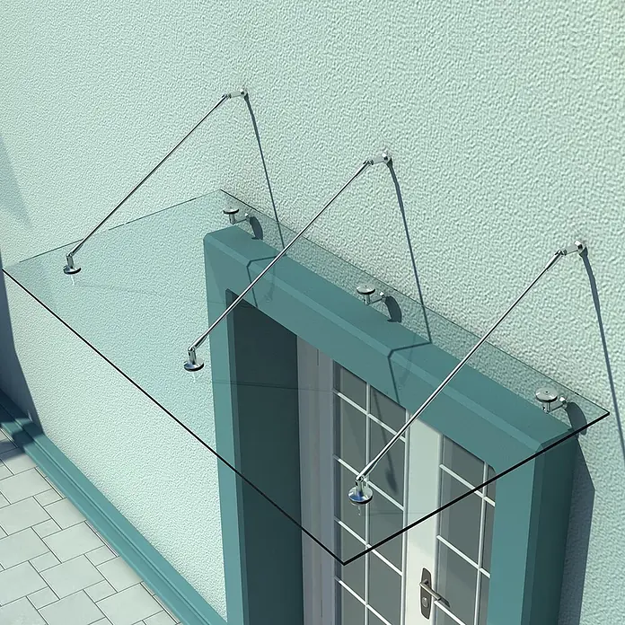 Homcom Vordach -  - Klare Glasvordach mit Chromstützen über einer Eingangstür installiert.