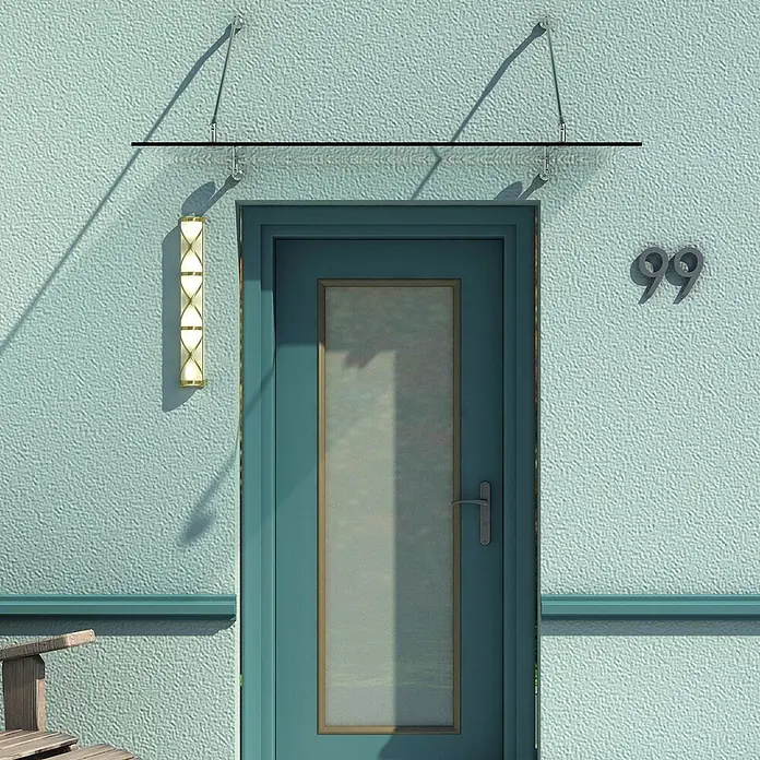 Homcom Vordach -  - Transparentes Glasvordach mit silbernen Metallhalterungen über einer Eingangstür an einer hellblauen, strukturierten Wand.